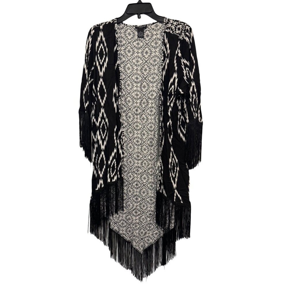 Black & White Cotton Express Missy Fringe Shawl Cardigan L 100% Rayon Made In Ch